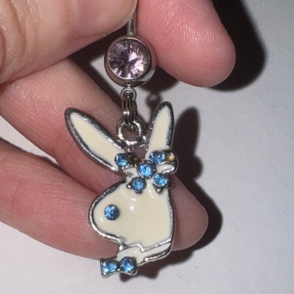 Pink and Blue Play boy-looking Bunny Dangle Belly Ring - Picture 13 of 16